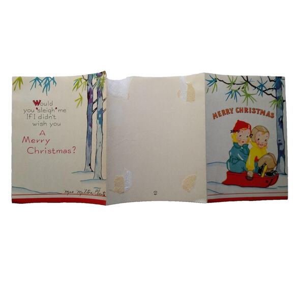 Merry Christmas Greeting Card Vintage Children On Sled Mid Century Modern - Picture 3 of 3